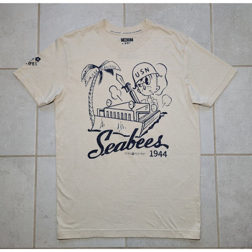 Zero Foxtrot Men's Medium Shirt Seabee's The Afterlife Club Short Sleeve Beige